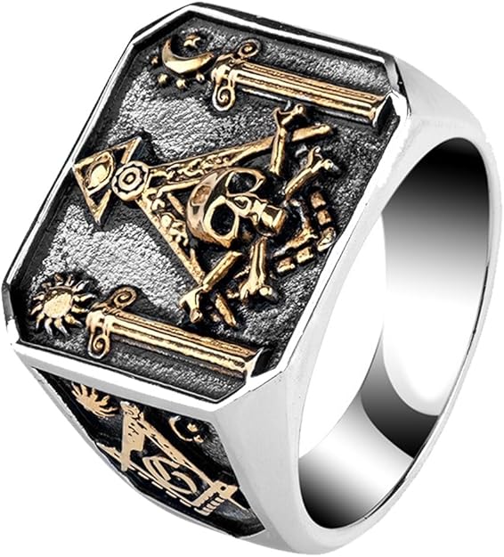 Anillo de masónico de Acero Titanio pilares Calavera Tibias Cruzadas Dorado para Hombres Mujers