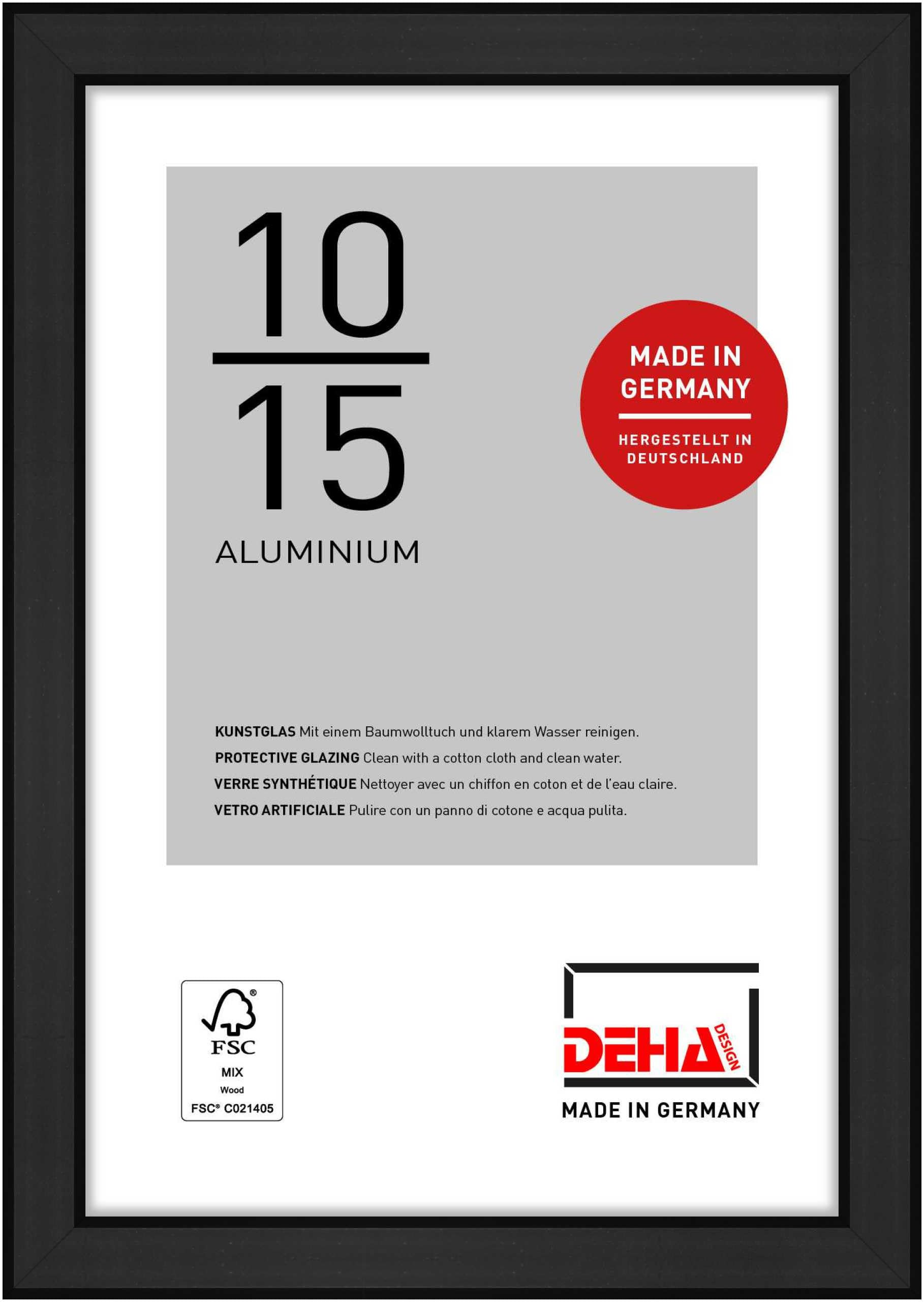 DEHA Design Boston Aluminium Picture Frame - 10x15 cm (4x6 in) – Matt Black - with Synthetic Glass and Push/Turn Clips