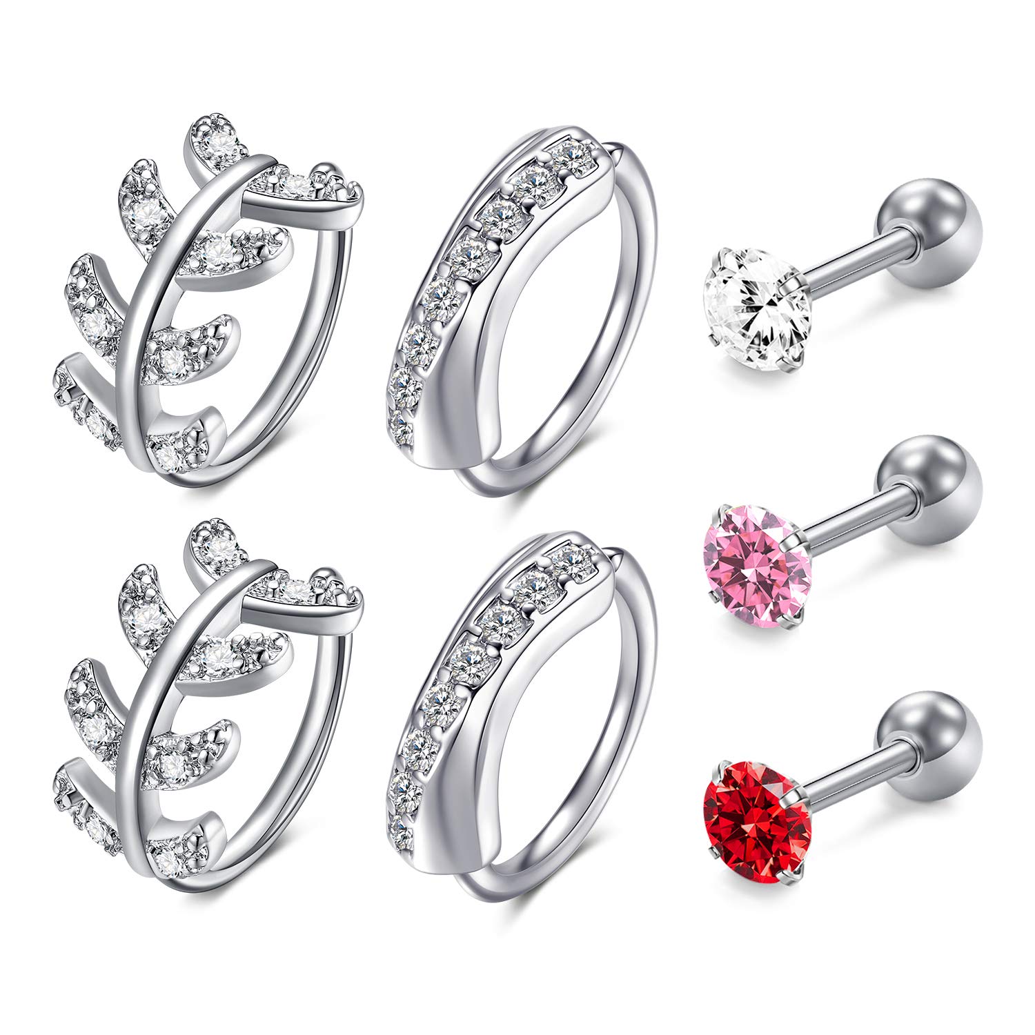 Mayhoop 7Pcs Stainless Steel Cartilage Helix Earrings for Men Women Helix Tragus Anti-Tragus CZ Barbell Conch Piercing Earrings Ear Hoop Earrings