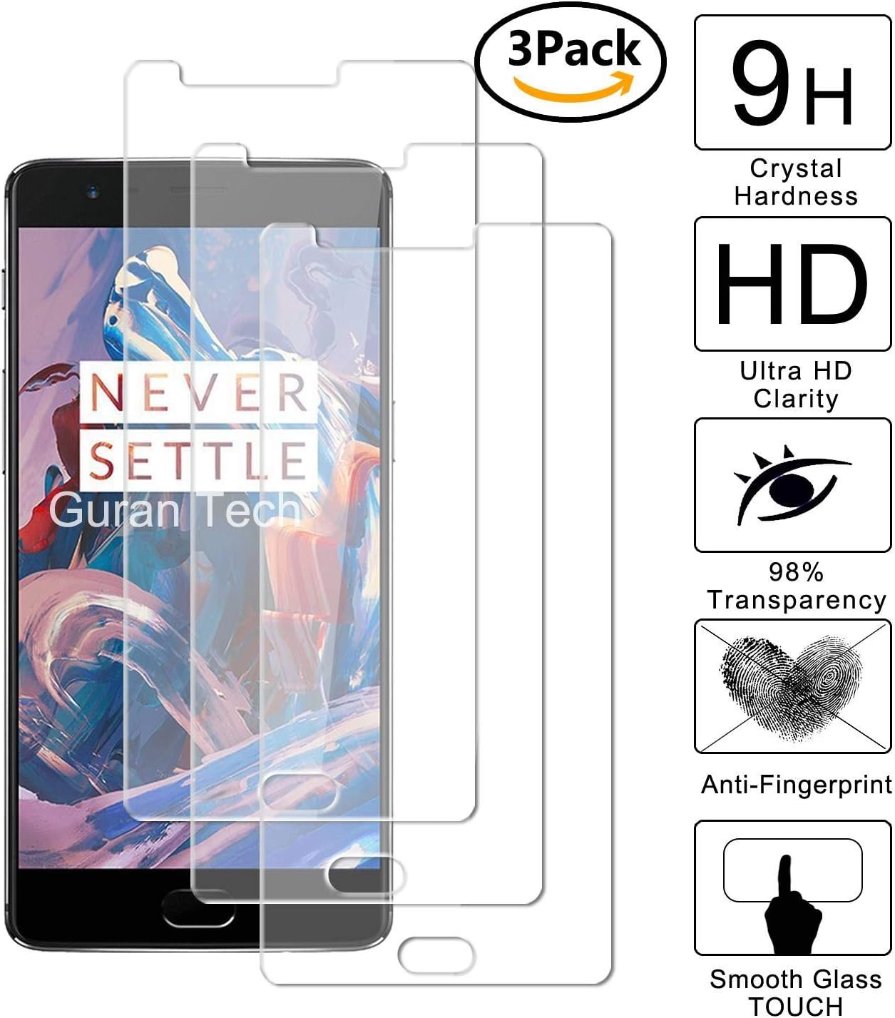 Guran® [3 Pack Tempered Glass Screen Protector Film for Oneplus 3 / Oneplus 3T Smartphone Clear Anti-Scratch Shatter Proof (9H Hardness, 2.5D Edge, 0.26mm Thickness)
