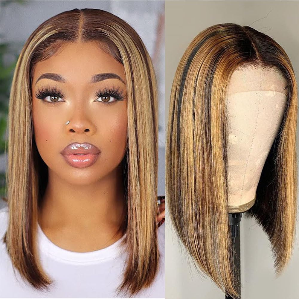 FASHION IDOL Short Straight Highlight Bob Lace Front Wig Human Hair Pre Plucked 12 inches Short Bob Wig for Women Glueless T Part HD Lace Brazilian Virgin Human Hair