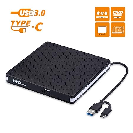 Externes CD DVD Laufwerk, Amicool USB 3.0 mit Type-C Portable DVD/CD Brenner und -Lesegerät/Plug&Play/niedriger Lärm/Slim Sup