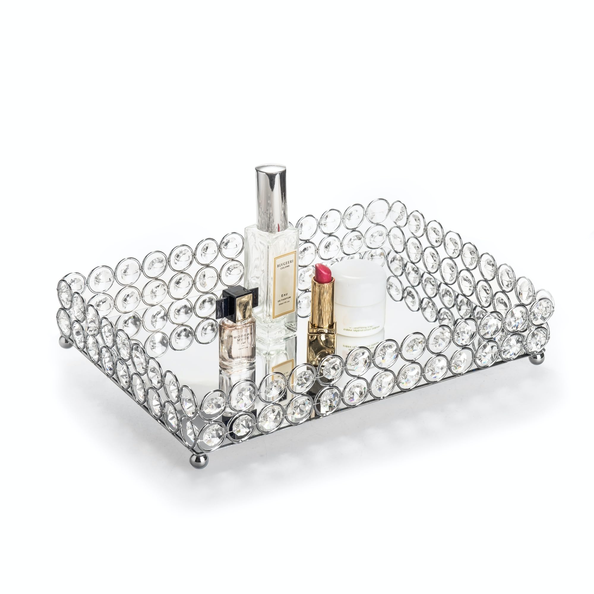 Feyarl Silver Mirrored Tray Crystal Perfume Tray Cosmetic Vanity Trays Skin Care Storage Decorative Trays for Home Dressing Table Wedding Decoration (12" x 8")