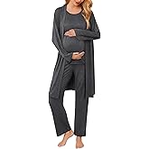 Ekouaer Maternity Nursing Robe Set 3 Pieces Sleeveless Top, Pregnancy Pants & Robe Double Layer Pajamas S-XXL