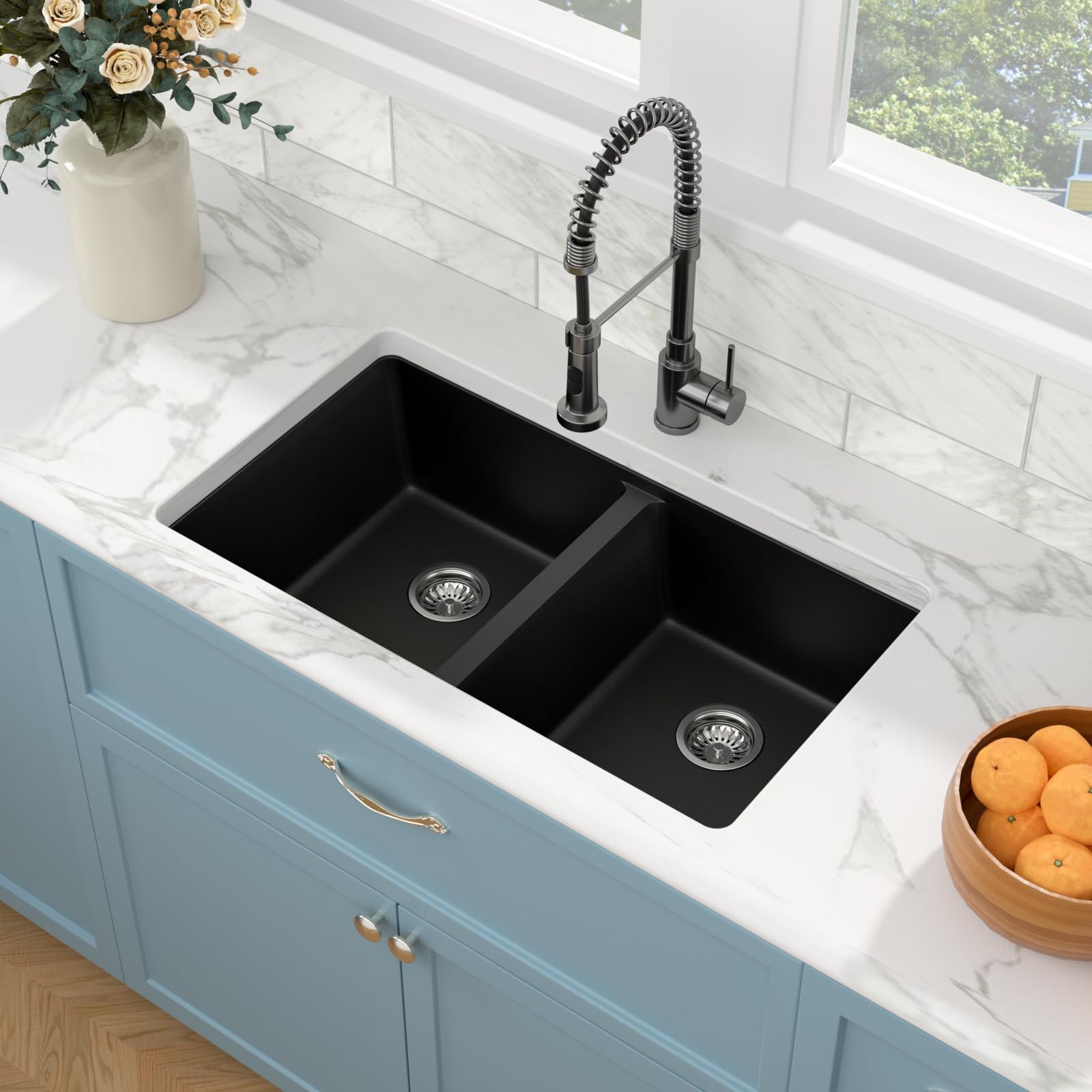 Photo 1 of Sarlai 33 Black Granite Composite Kitchen Sink - 33"x19"Double Bowl Undermount Kitchen Sink Double Basin 50/50 Matte Black Quartz Under Counter Sinks Basin with Accessories