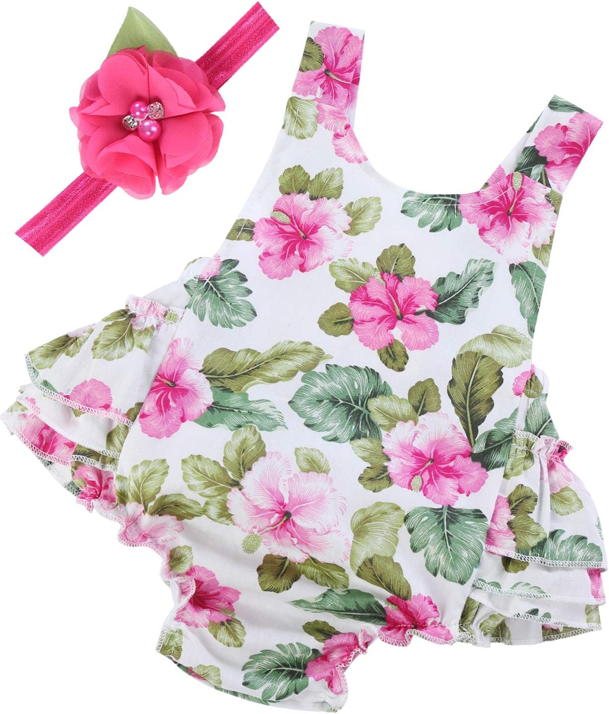 Baby Girl's Floral Print Ruffles Romper Summer Clothes with Headband