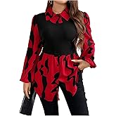 Floerns Women's Plus Size Printed Bishop Long Sleeve Shirt Collared Asymmetrical Hem Button Down Blouses