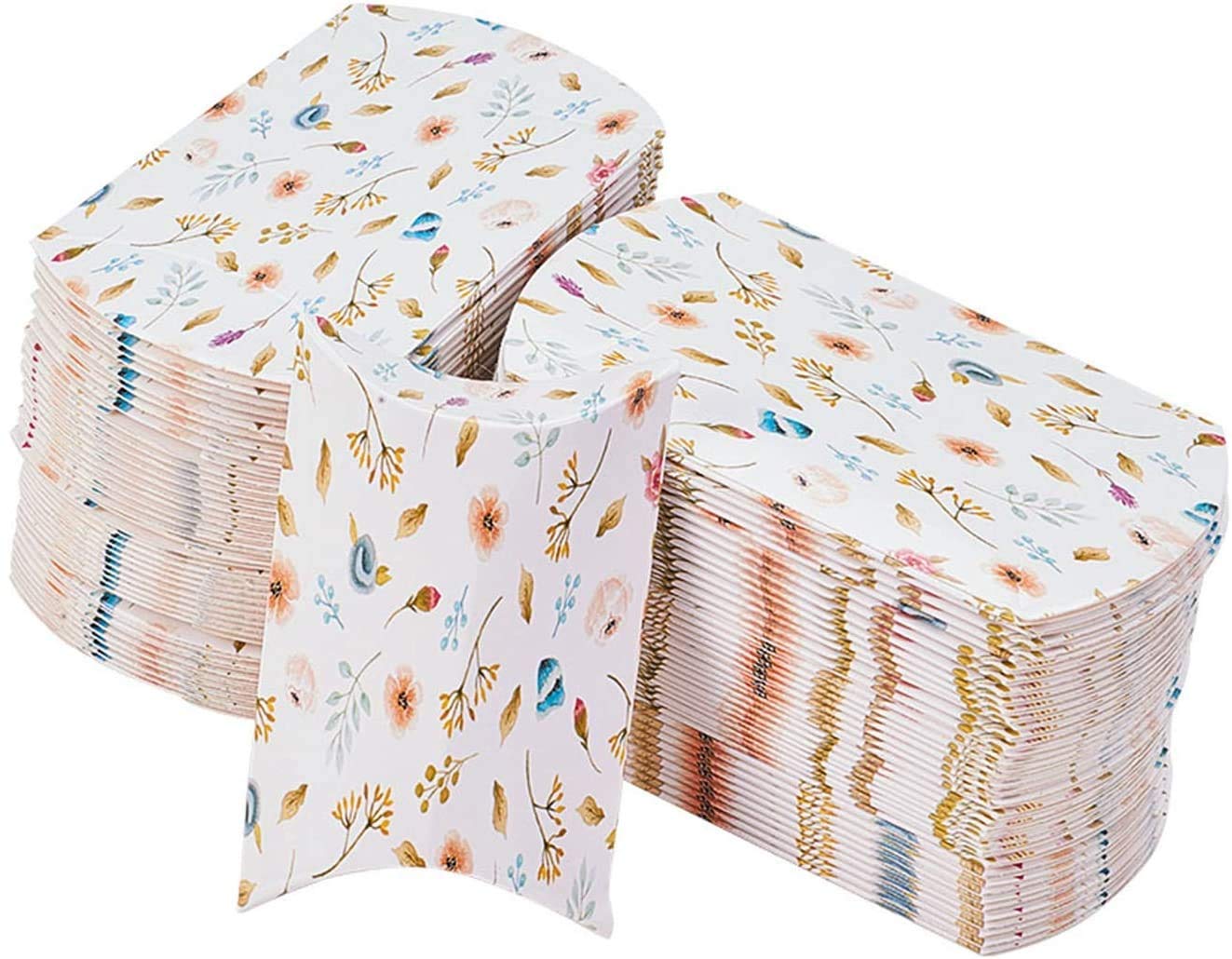 UR URLIFEHALL 100 pcs Small Gift Boxes 8x5.5x2cm White Flower Pattern Pillow Boxes Wedding Favour Box Kraft Paper Candy Jewellery Box Decoration Items for Birthday Annivesary Christmas Party