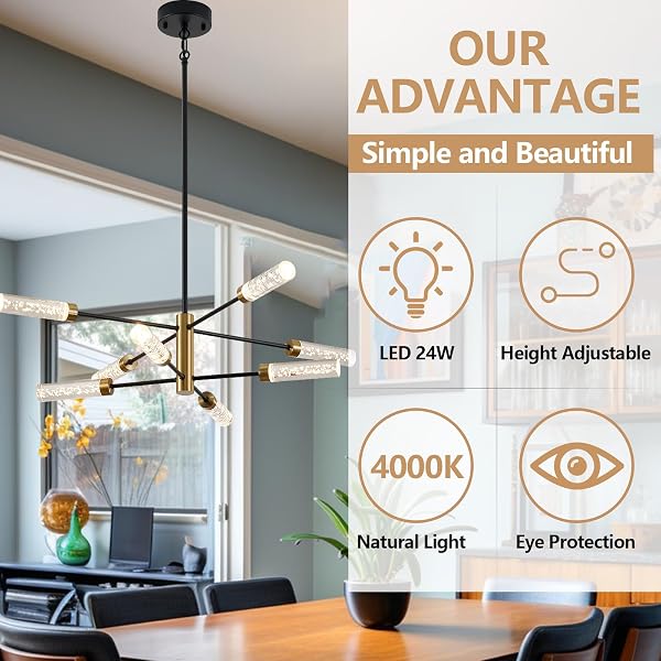 SGLFARMTY LED SPUTNIK CHANDELIER, 8-LIGHT MODERN PENDANT LIGHT,MID CENTURY BLACK GOLD CEILING CHANDELIERS, HEIGHT ADJUSTABLE CRYSTAL HANGING LIGHT FOR DINING ROOM, LIVING ROOM, BEDROOM