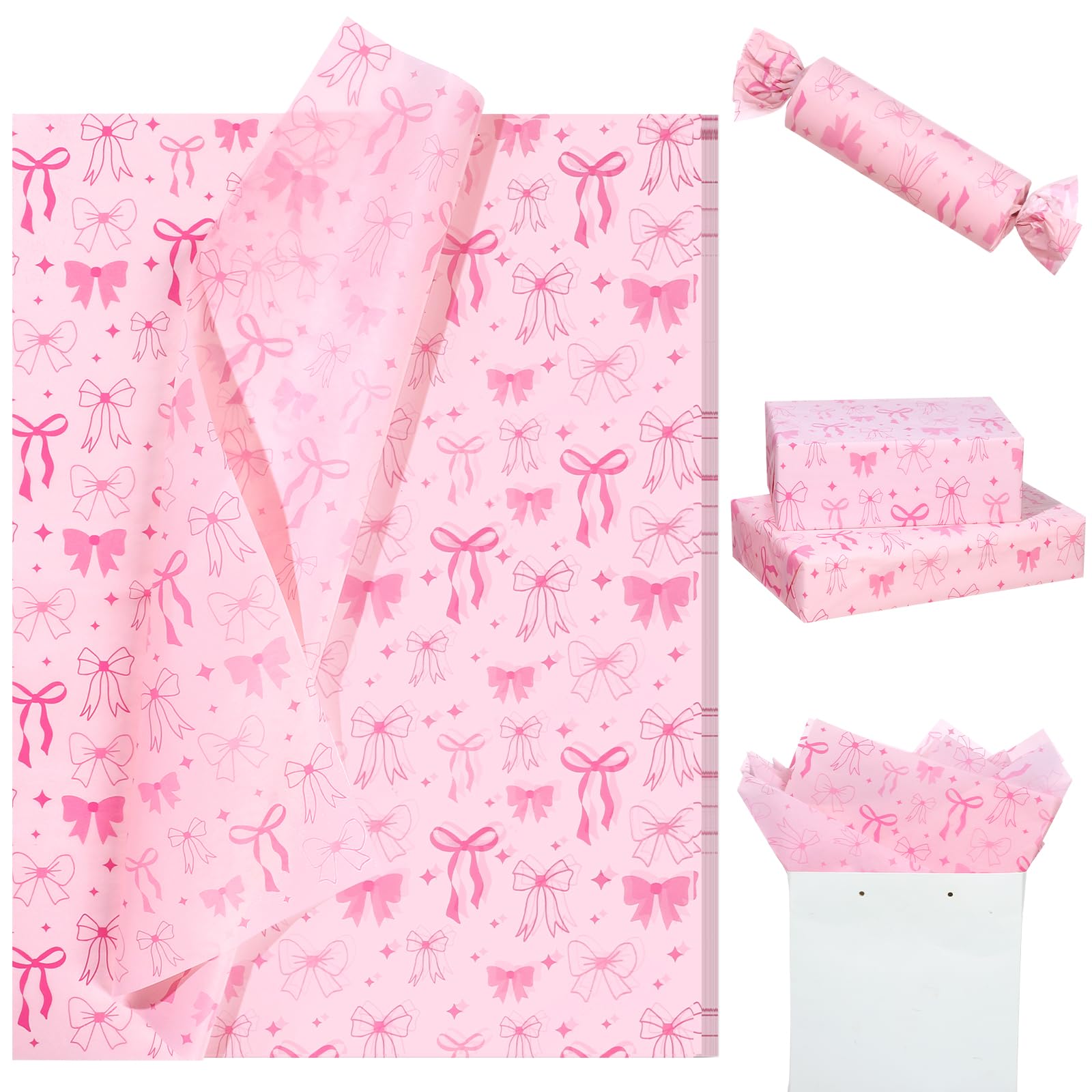 Photo 1 of 100 Sheets Pink Bow Tissue Papers for Gift Bags, Cute Bows Gift Wrapping Tissue Paper, Bowknot Art Paper for Coquette Birthday Wedding Bridal Shower Bachelorette Party Decor DIY Craft, 20 x 14IN