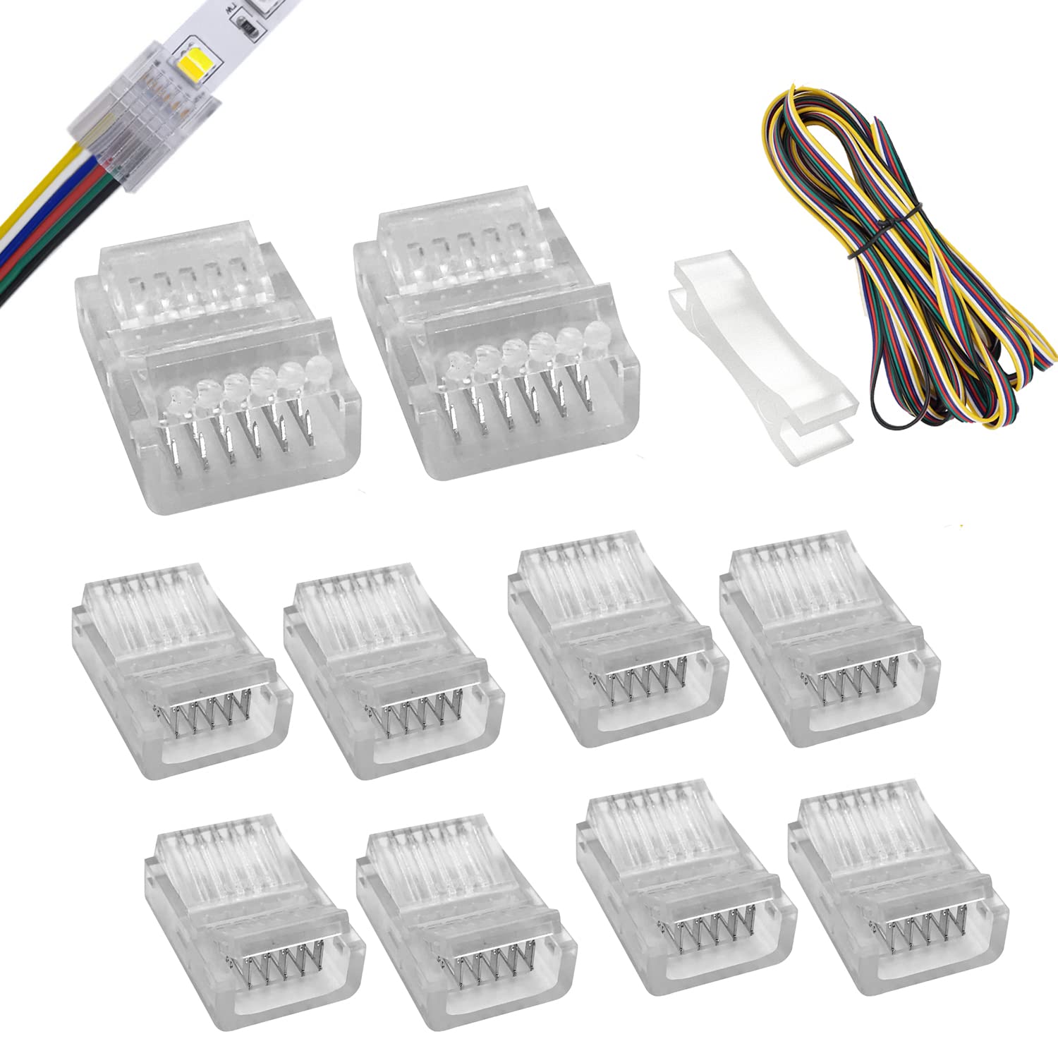 6 pin led Connector 12mm Wide Unwired Gapless Solderless Strip to Wire Quick Connectors Adapter With 5m Extension Cord for Waterproof or Non-Waterproof RGB WW or RGB+CCT LED Strip Lights-10Packs