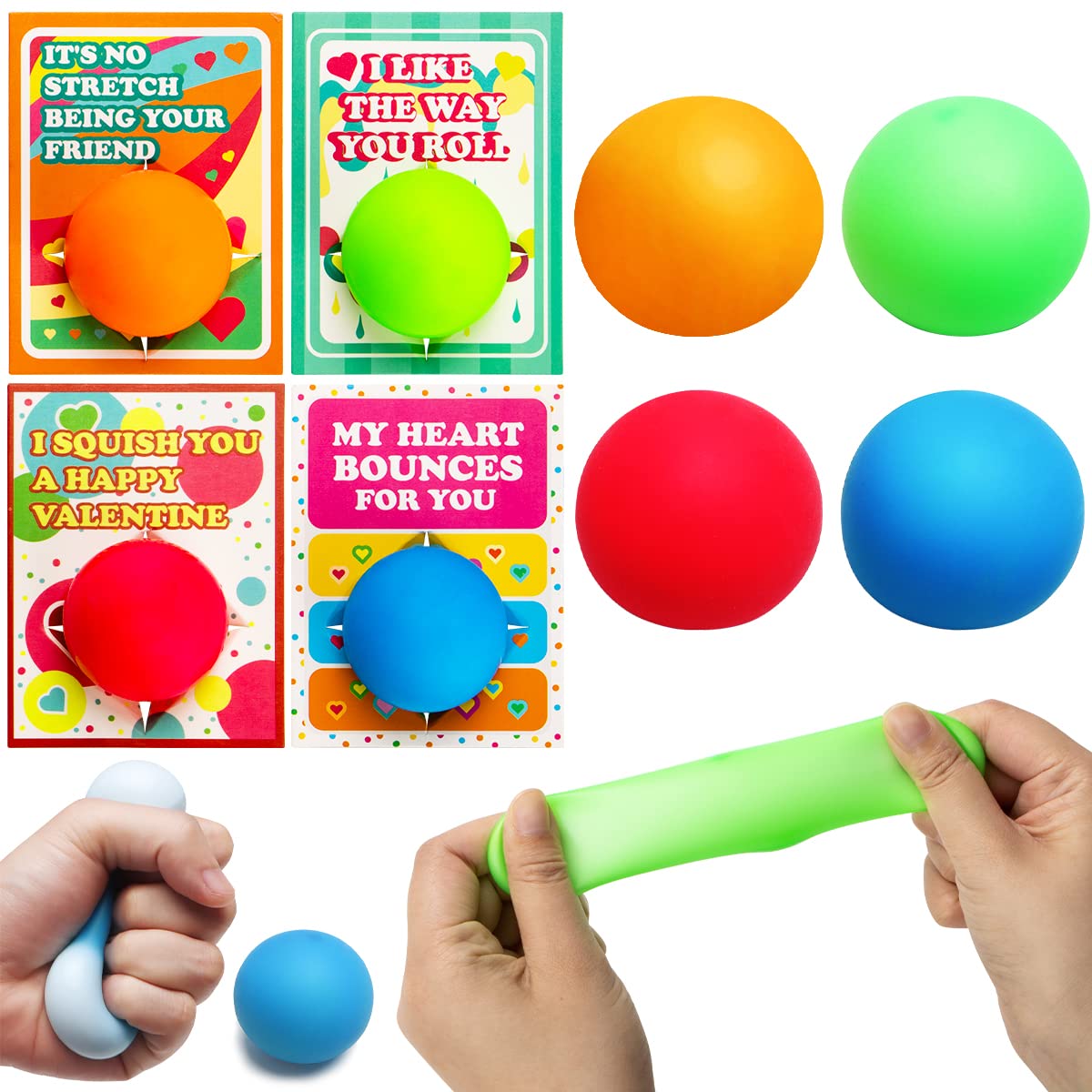 JOYIN JOYIN 28 Packs Valentines Day Gift Cards with Stress Ball Set Stretchy Squishy Toy Balls Sensory Squeeze Toys Stress Relief Fidget Toys for Kids Classroom Exchange Prizes, Valentine Party Favor