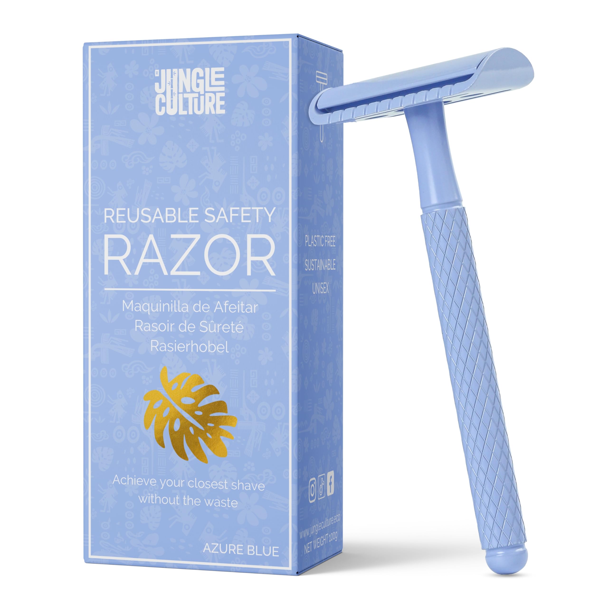 Jungle Culture Safety Razor for Women & Men in Blue • Reusable Metal Razor • No Blades Included - Fits All Double Edge Blades • Eco Friendly • Shaving Guide included • for Body & Face