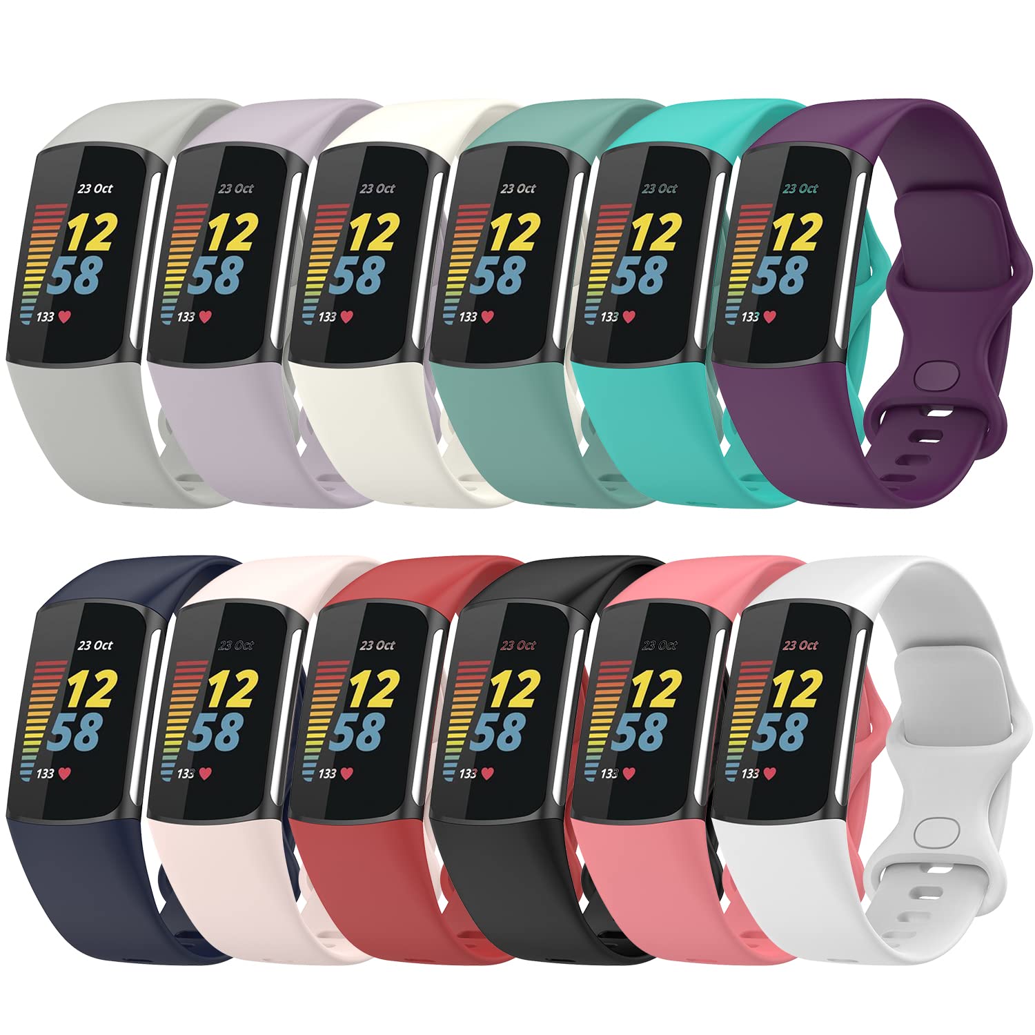 12 Pack Bands Compatible with Fitbit Charge 5 Straps, Adjustable Silicone Sport Watch Band Replacement Strap (Large)