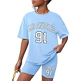 CRISONE Girls Clothes Summer Outfits Graphic Letter Print Tee Shirt + Biker Shorts 2Pcs Clothing Set 7-16T