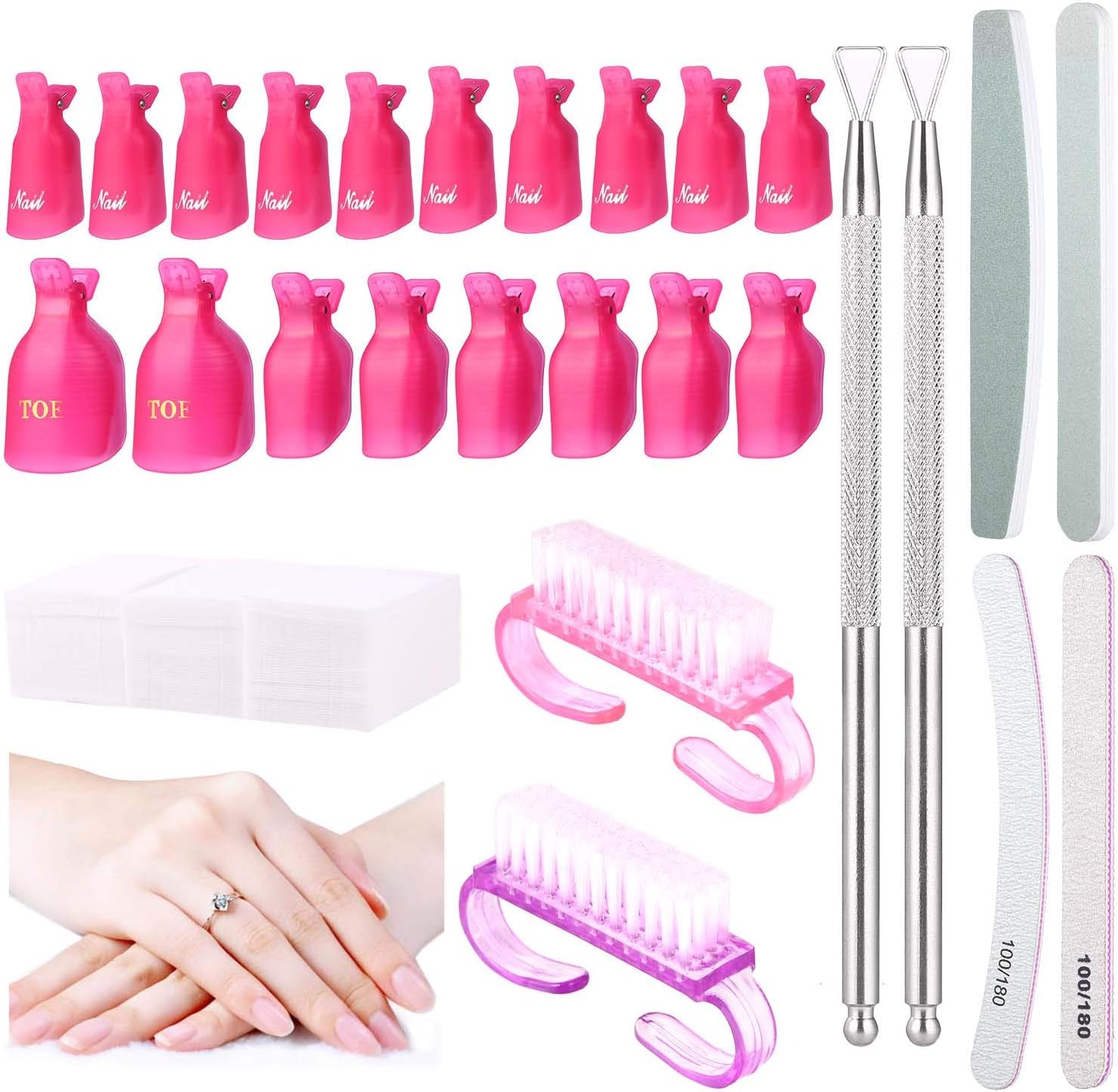20pcs Nail Remover Clips, 4pcs Nail File Buffer Polish Block, 2pcs Stainless Steel Triangle Cuticle Peeler Scraper, 200pcs Cotton pads&2pcs Nails Brushes for Gel Polish Remover