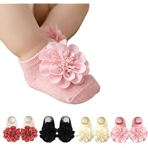 Lanjiesh 4 Pairs Baby Girl Non-Slip Flower Grip Socks, Soft Cotton Breathable Ankle Socks for Newborn Toddler Princess Cotton