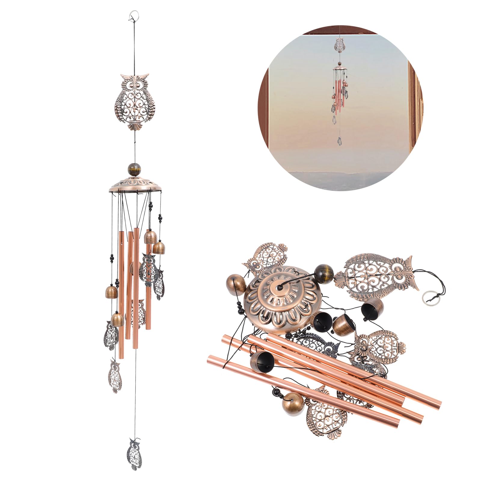 Owl Wind Chime Indoor Outdoor, Aluminum Tube Wind Chime with Hook for Garden,Backyard, Balcony,Home Decoration