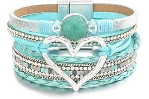 hotoo Leather Wrap Bracelet for Women Beaded Cuff Bracelet with Heart-shape Decor Bohemian Crystal Bracelet Jewelry with Clasp Bangle Bracelet for Women Girls Birthday Holiday Gift