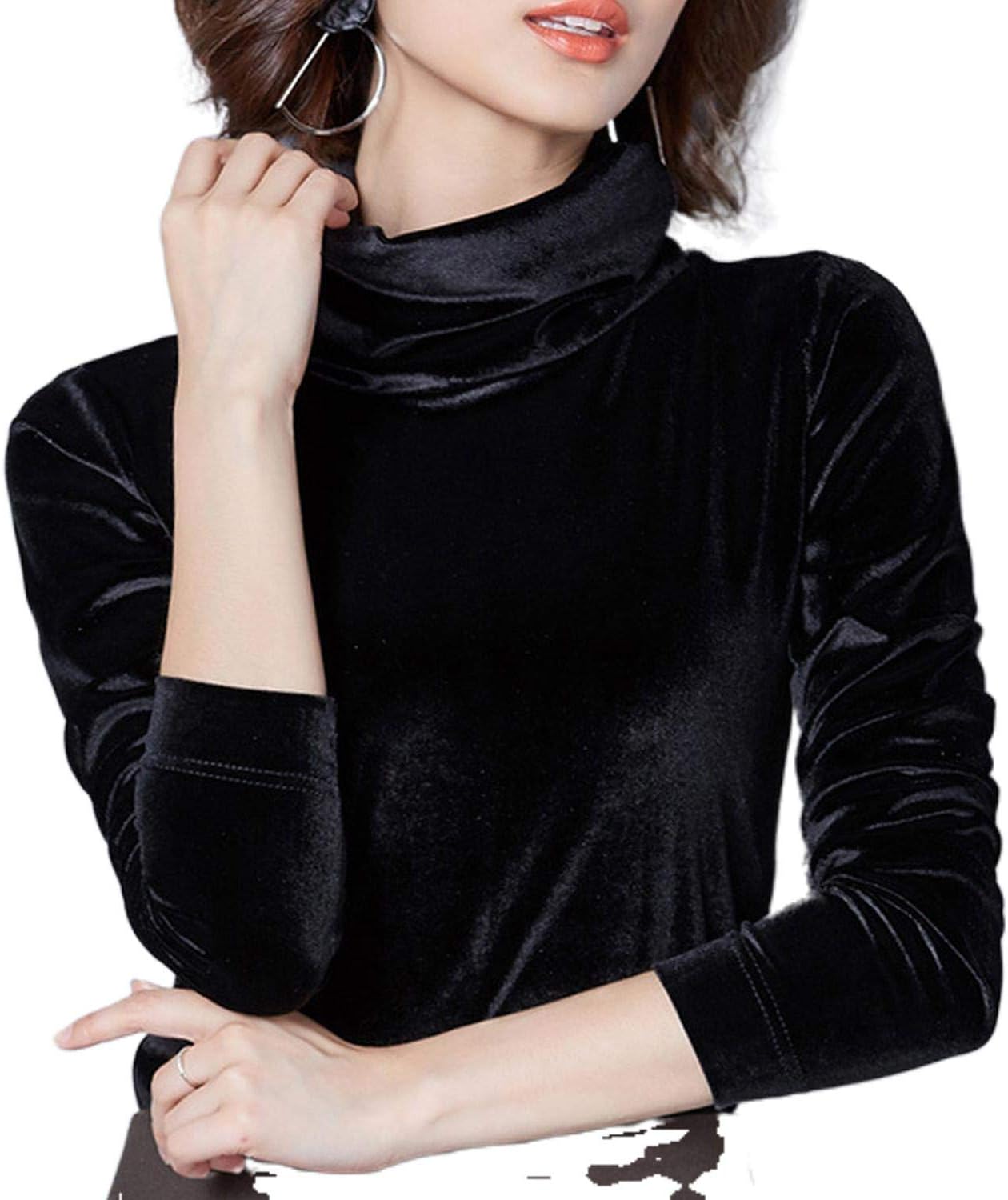 Turtleneck Velvet Tops Women Long Sleeve TShirt Solid Color 2019