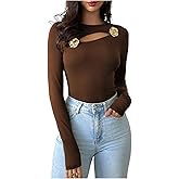 Verdusa Women's Metal Floral Fitted T Shirts Cut Out Long Sleeve Tops Spring Fall Clothes