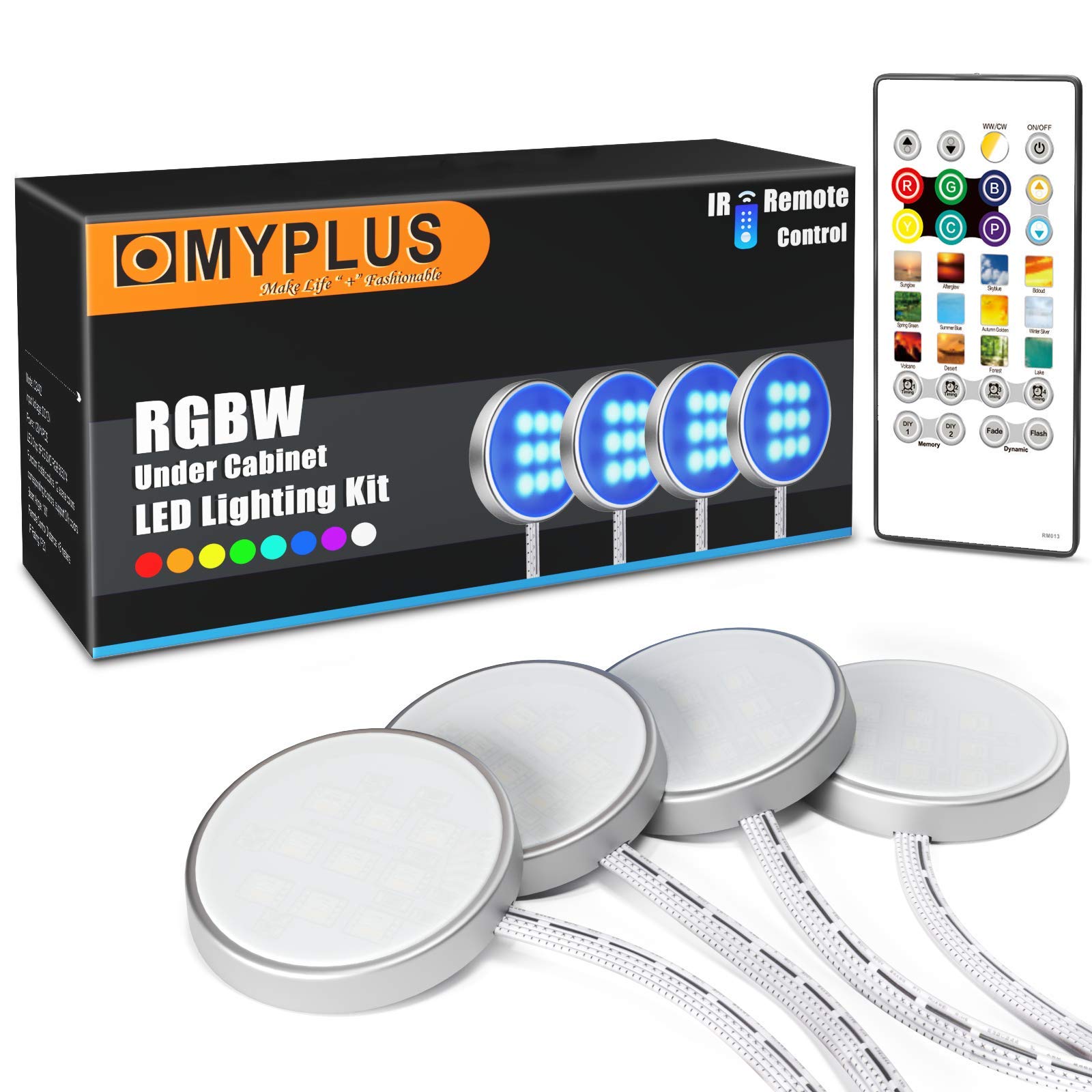 Under Cabinet Lighting, MYPLUS 4 Led Puck Lights Kit with Remote Control Color Change and Natural White,12V Cabinet Lights,20 Single Color,Timing Setting and Dynamic Mode, for Kitchen Cupboard