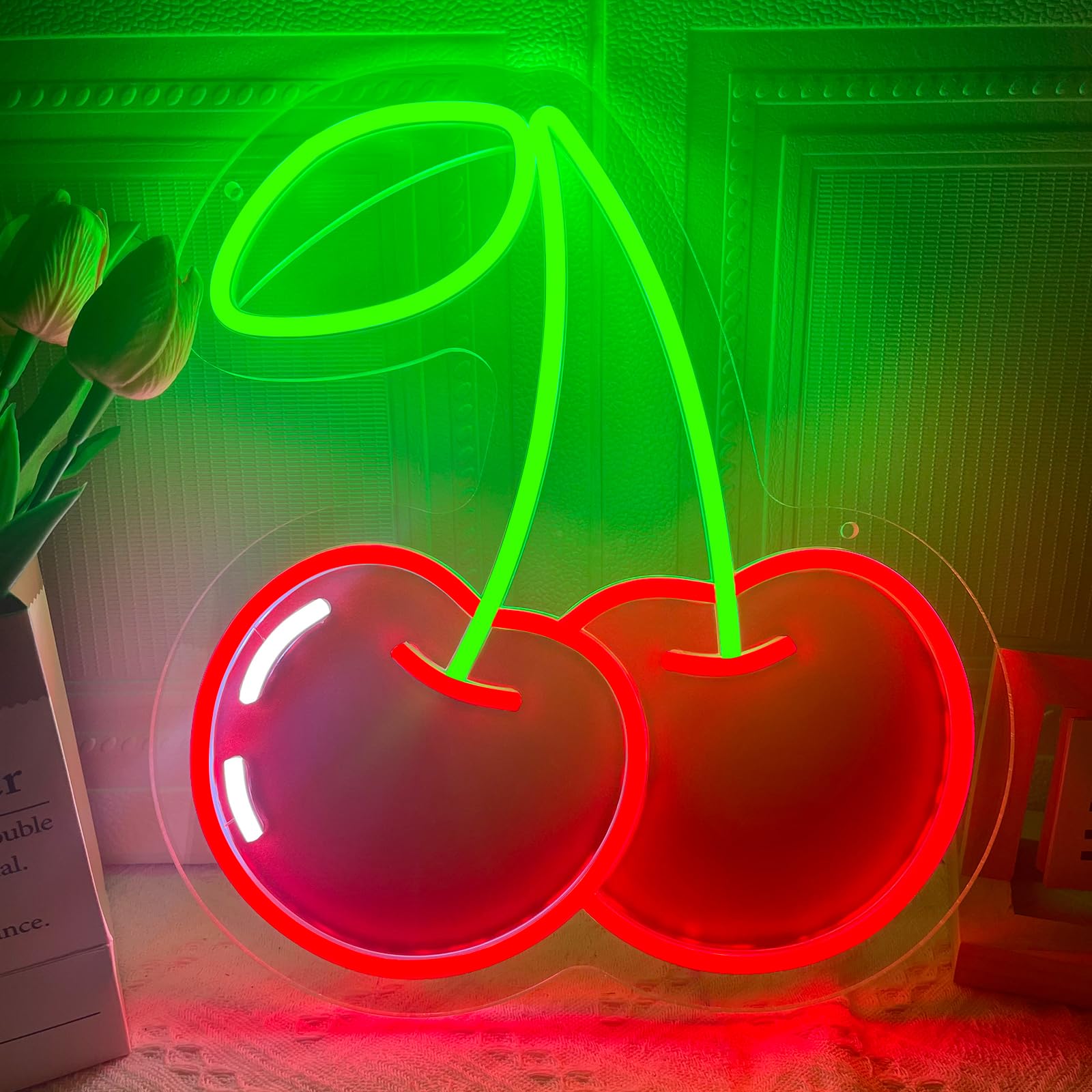 Photo 1 of Cherry Neon Sign for Wall Decor, Dimmable Red Green Cherries Neon Lights, Vibrant Fruit Themed Neons LED Signs for Kids Room, Bedroom, Restaurant, Bar, Club, Fruit Shop, Birthday Party (Cherry)