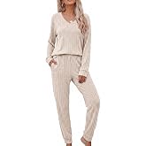 Ekouaer Women's 2 Piece Long Sleeve Lounge Set Ribbed Knit Pajamas Set | Ribbed Knit Fabric, Soft Lounge Sets, Fall Sleepwear, Airport Outfits, Jogger Pants With Pockets, Matching Track Suits