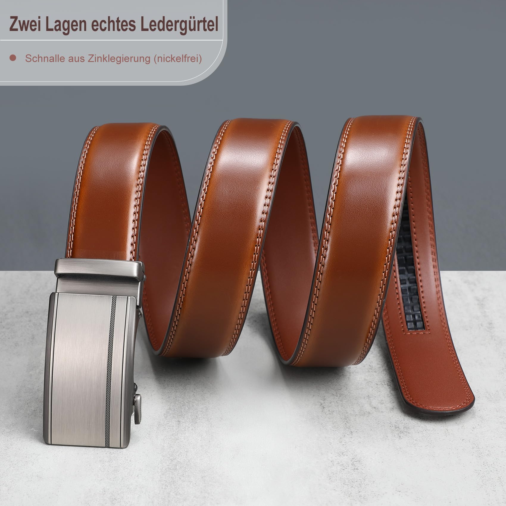 WHIPPY Automatik Gürtel Herren Leder Ratsche Ledergürtel Gürtel ohne Löcher, Breit 35mm braun 115cm 3