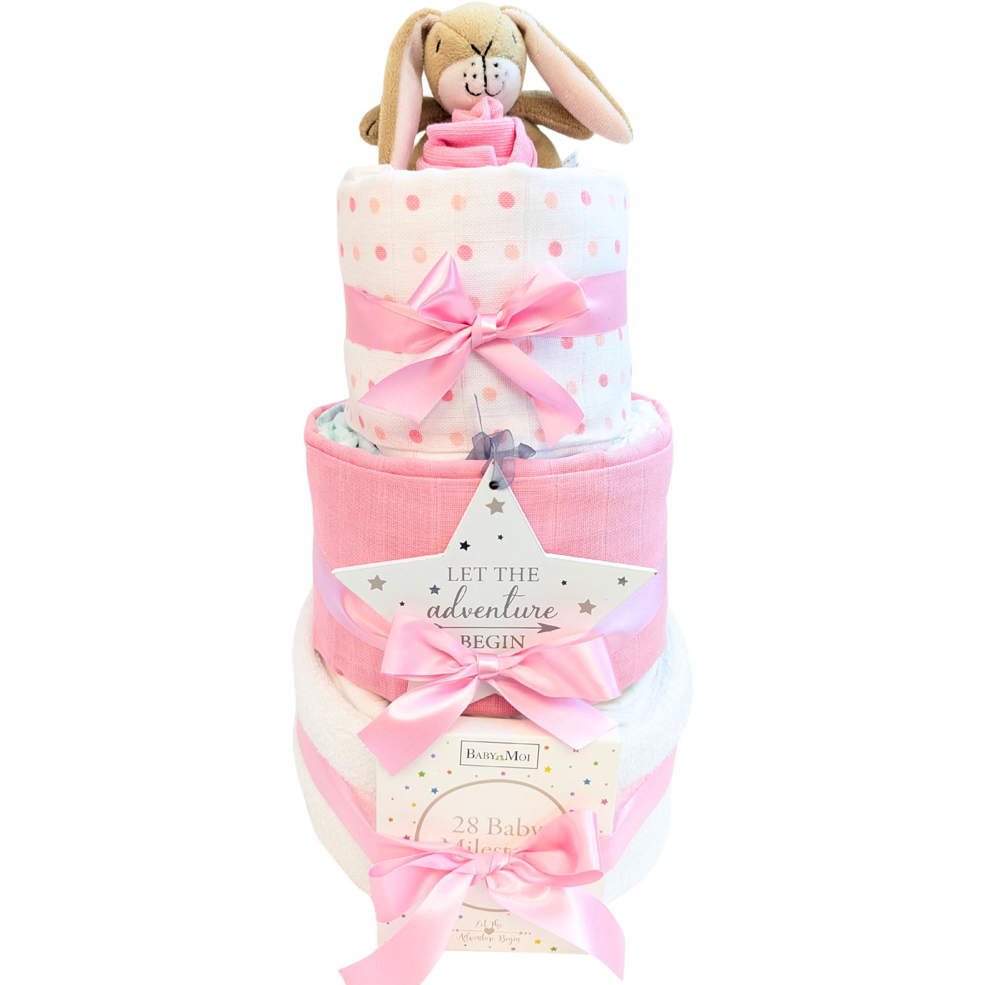 New Baby Gifts for New Born Baby Gift Set 3 Tier Nappy Cake Baby Gift Hamper Present for Baby Showers & New Parent Gifts Guess How Much I Love You (Girl)