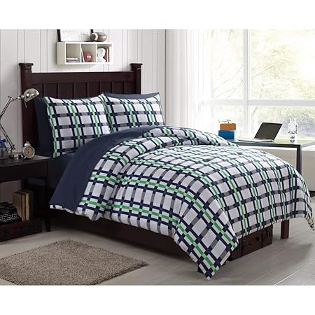 7 Piece Boys Black Blue Green Plaid Comforter Set Full Dark Black