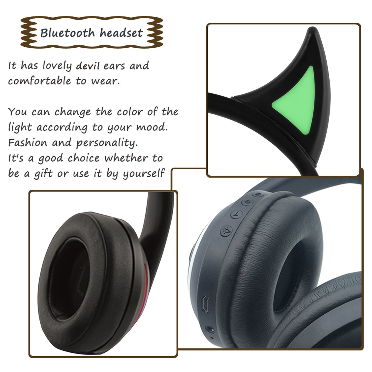 Wireless Bluetooth LED Devil Ear Headphones for Girls boy with 7 Colors