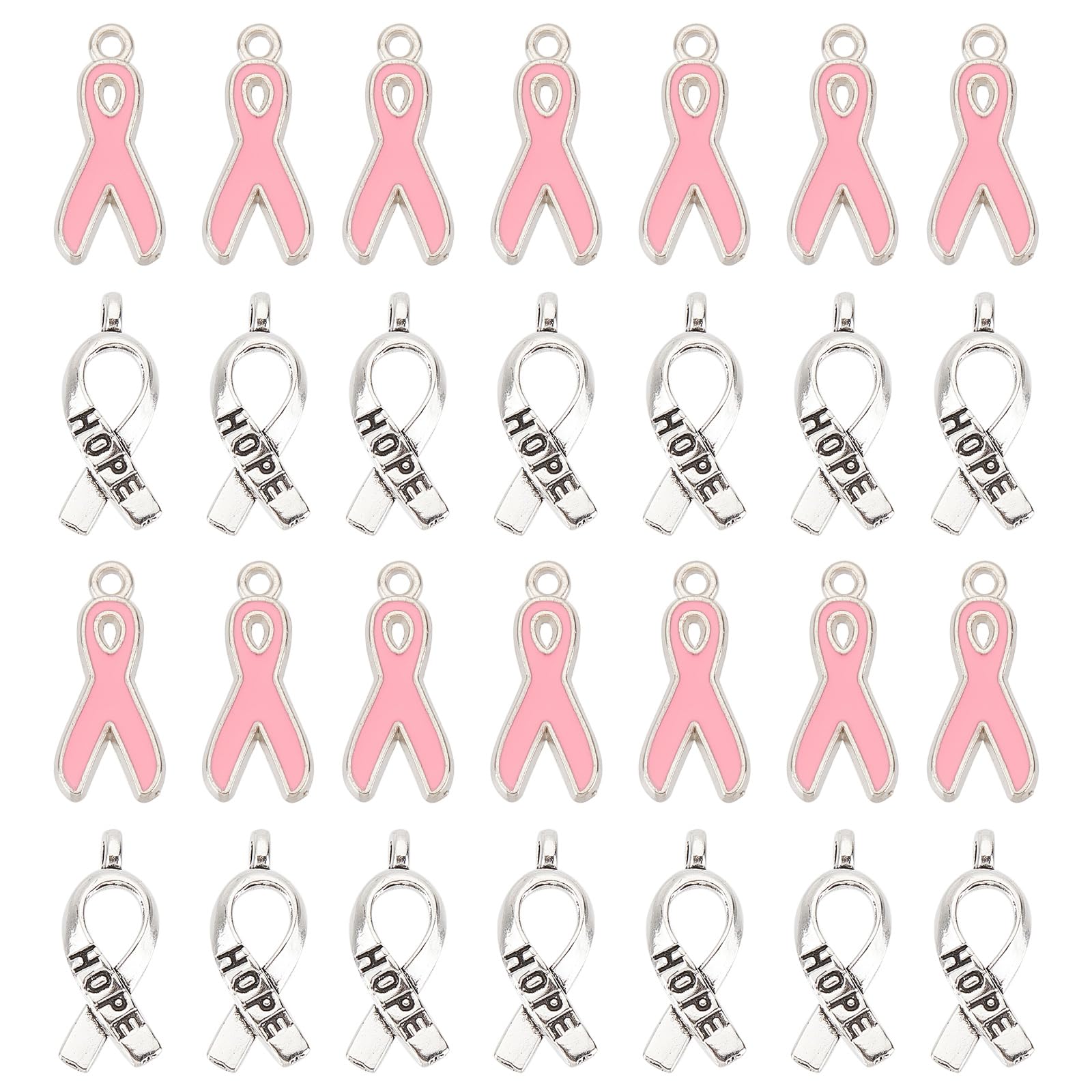 SUNNYCLUE 1 Box 100Pcs 2 Style Ribbon Charms Breast Cancer Awareness Charms Bulk Pink Silver Ribbon Breast Cancer Charm Hope Ribbon Charm for jewellery Making Charms DIY Earrings Bracelet Necklace