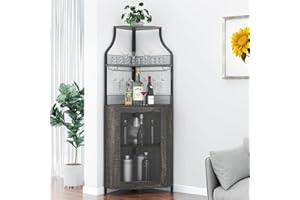 SunnyFurn Corner Wine Bar Rack Cabinet with Detachable Wine Rack, Bar Cabinet with Glass Holder and Mesh Door, Liquor Coffe Bar Cabinet with Adjustable Shelves