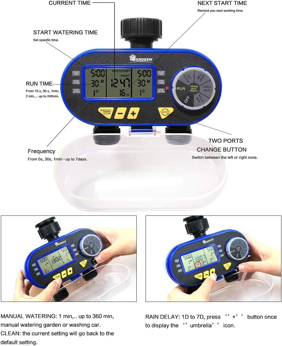 Yardeen Dual Outlet Electronic Water Timer Irrigation Controller System Color Blue : Garden & Outdoor