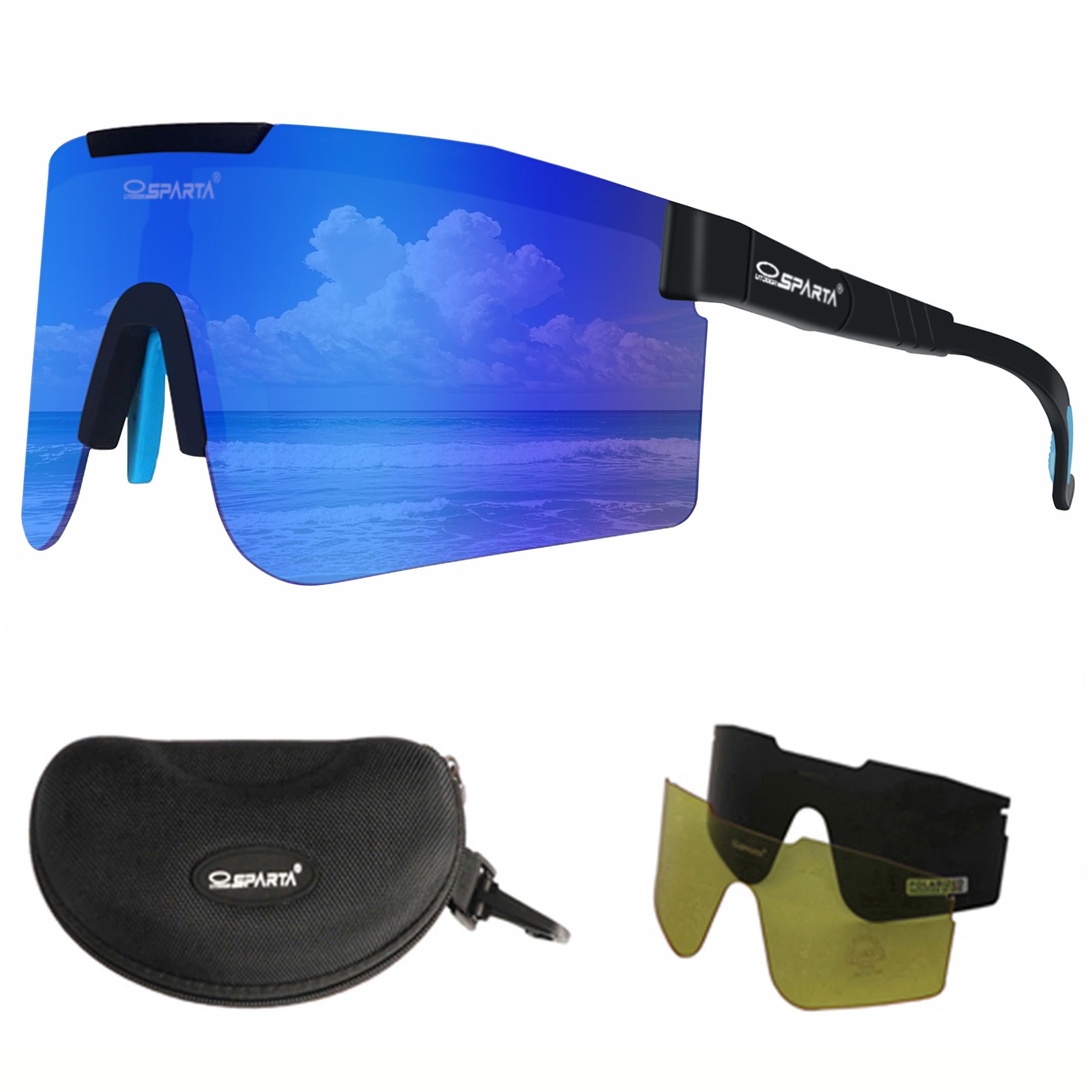 OUTDOORSPARTA Polarized Sports Sunglasses with 3 Interchangeable Lenses, Cycling Glasses,Baseball Golf Driving Sunglasses(1. Dark Blue Temple, Revo Blue Lens)