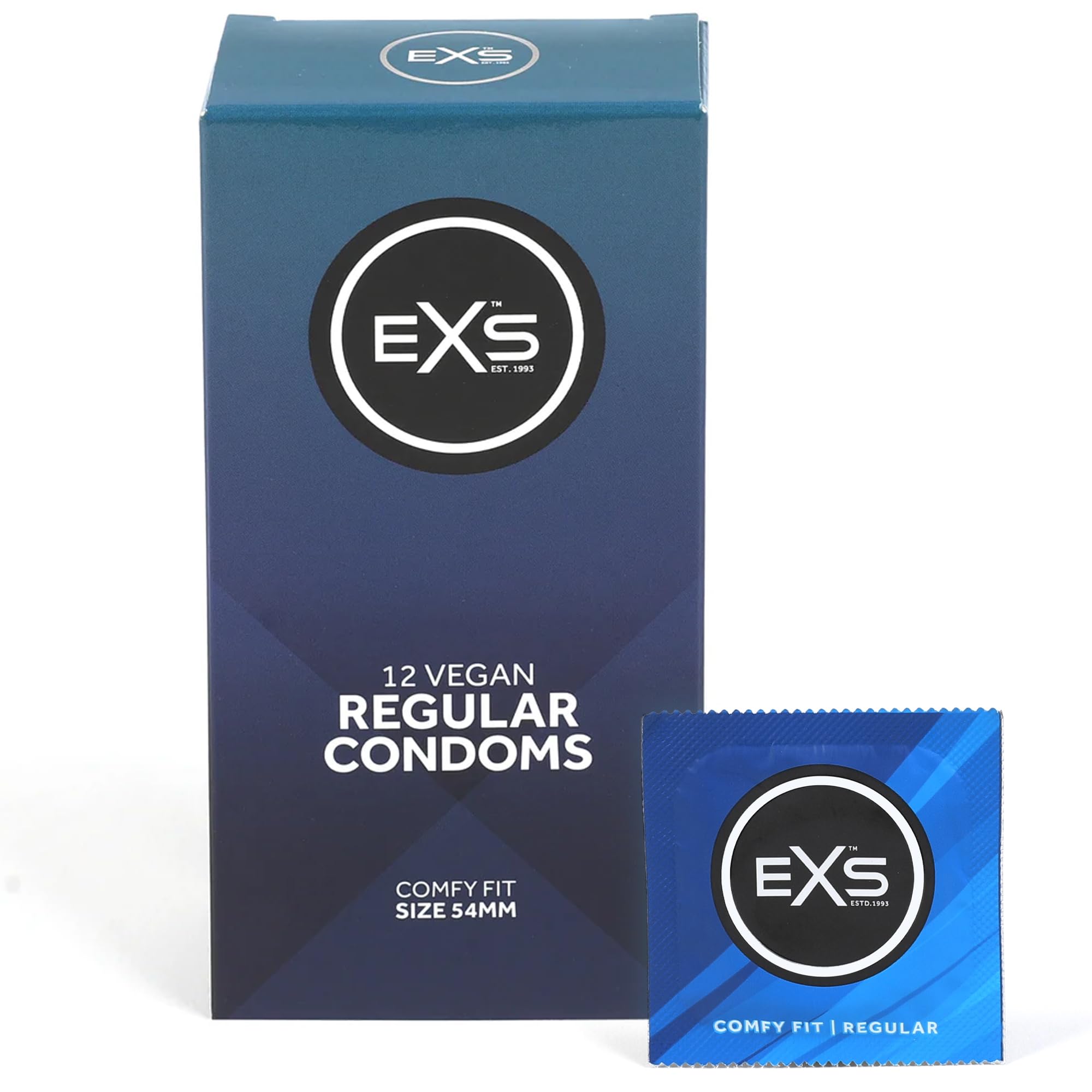 EXS Regular Condoms (12 Pack) Regular Fit, Premium Latex with Non-Spermicidal Lube, Flared with Teat, PETA-Approved Vegan Condom, 3 Year Life - CE Marked NHS Approved Male Condoms