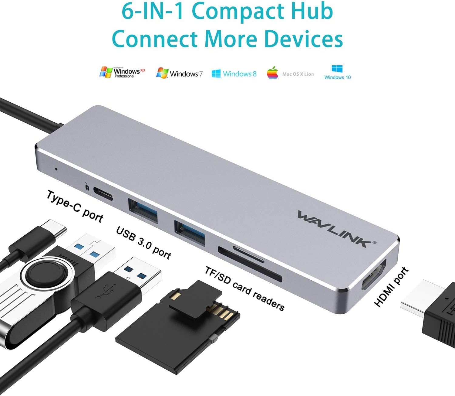 WAVLINK USB C Hub Mini Dock for Travel, 6-in-1 USB C Adapter with 4K@30 Hz HDMI, USB 3.0 Ports, 65W PD Port, SD and TF/Micro SD Card Readers, for Mac Pro and Type C Laptops, Model: WL-UHP3407: Computers & Accessories
