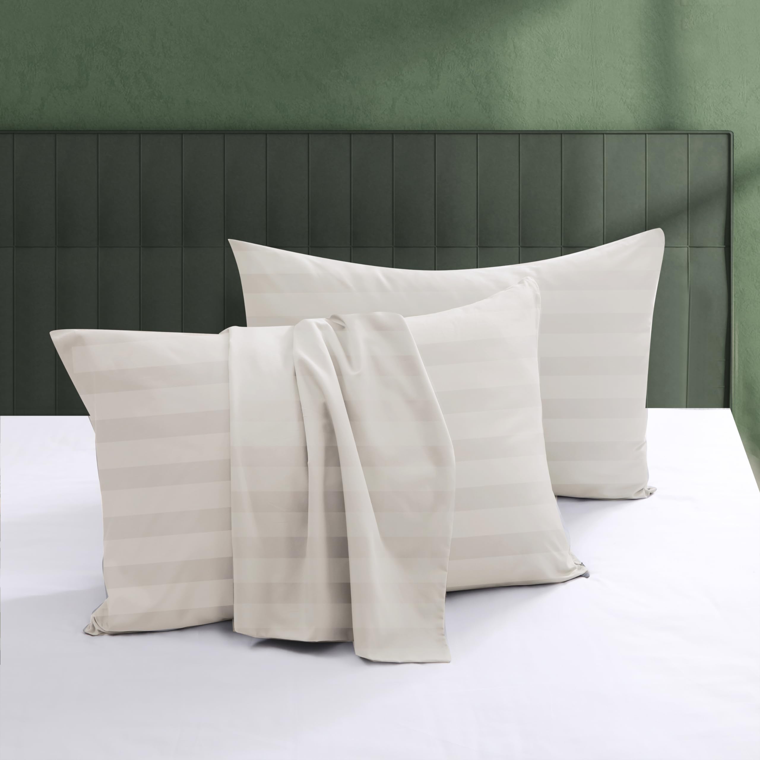 Photo 1 of 100% Egyptian Cotton Pillow Protectors Set of 4, 600 Thread Count Bed Pillow Cases with Zipper, Sateen Weave Cooling Pillow Cases Quiet and Breathable Easy Care (4PCS, Standard, Striped Light Beige)