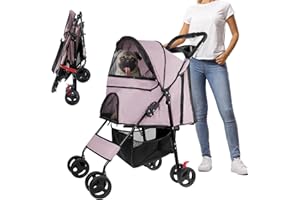 Pet Stroller 4 Wheels Dog Stroller by YOUMI, Zipless Pet Gear with Cup Holder & Safety Belt for S/M Dogs On The Trip, Pet Rover with Storage Basket (Pink)
