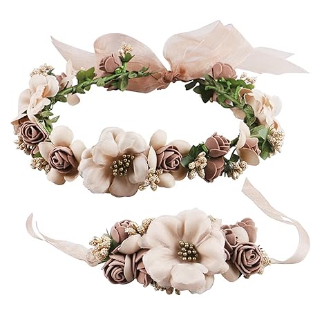 Frauen Mädchen Blumenkranz Blumenstirnband Blumenkrone Haarkranz Garland Halo mit Floral-Handgelenk-Band für Braut Fotografie