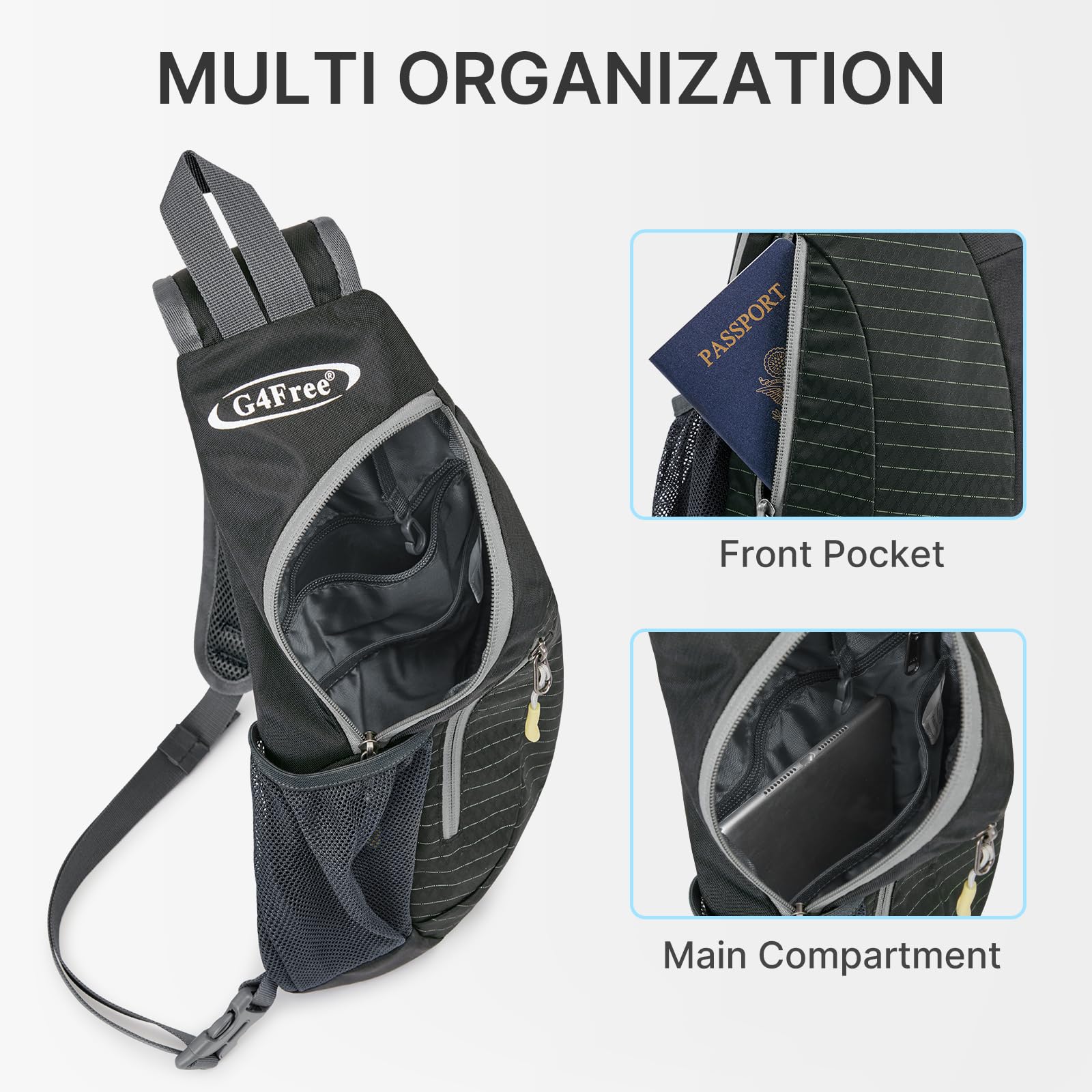 G4Free Sling Bag for Men Women, Small Crossbody Backpack Lightweight Chest Shoulder Bags for Travel, Outdoor and Sports (Black)