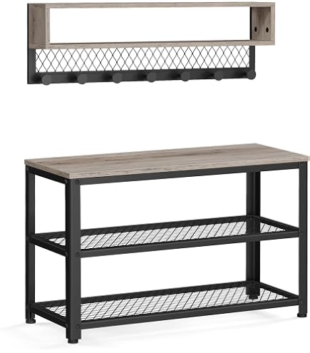 HOMEFORT 2-Tier Shoe Storage Bench - Industrial Metal Frame, Washed Gray, For Entryway & Mudroom