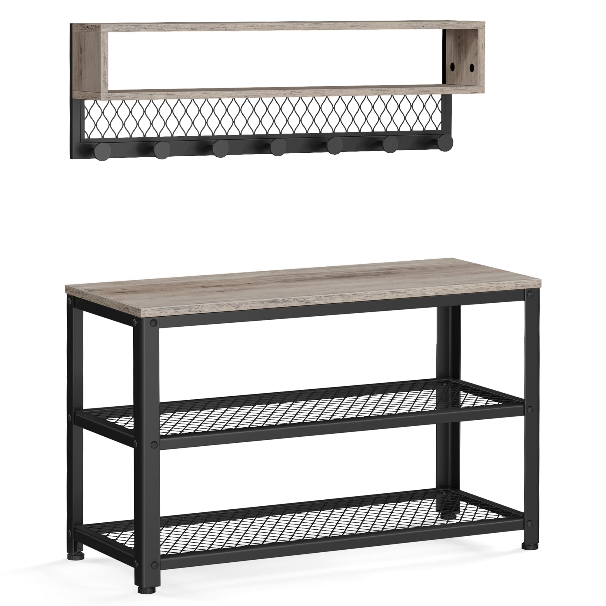 VASAGLE Coat Rack Shoe Bench Set, Hall Tree with Bench, Entryway Furniture, Multifunctional, Dot Coat Hooks, 2-Tier Shoe Rack, Industrial Style, for Entryway, Hallway, Heather Greige ULCR073K02 Image