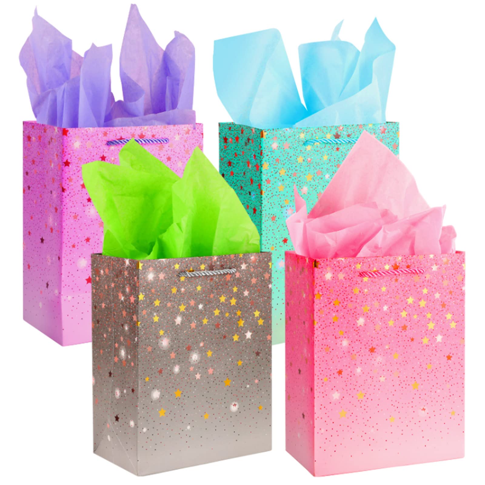 4 Gift Bags (9x7x4 inch) With Tissue Paper and Handle for Mother's Day, Birthday, Wedding, Baby Shower - Present Set for Women, Men, Kids, Parties