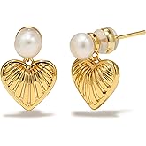Heart Earrings for Women, 18K Gold Plated Heart Drop Sterling Silver Posts Vintage Fashion Tiny Gold Pearl Studs, Trendy Lightweight Love Dangle Earrings Jewelry Gifts Hypoallergenic