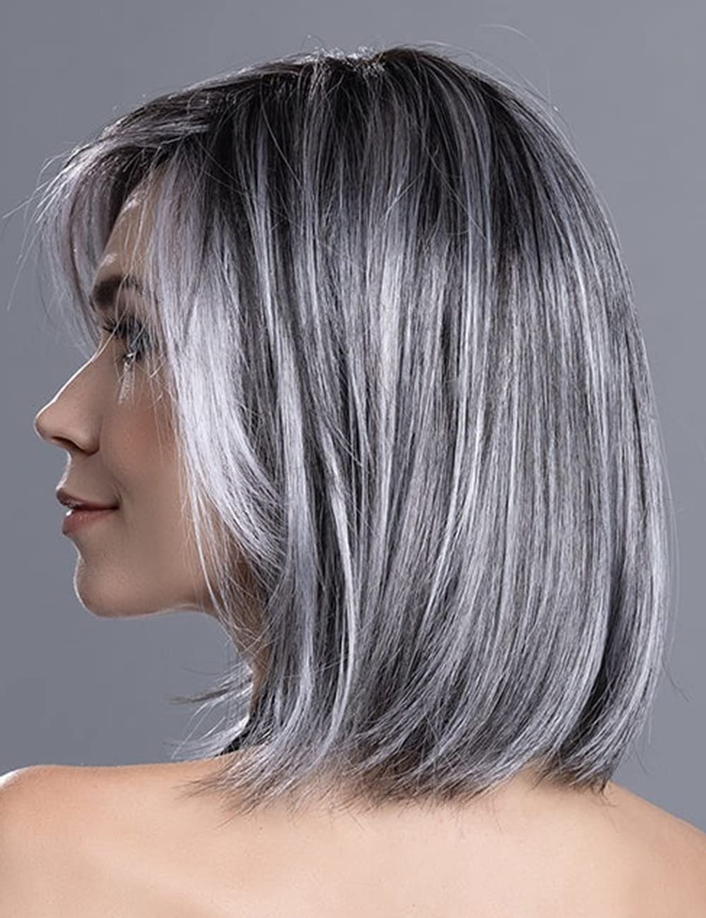 Photo 1 of RENERSHOW Ombre Grey Short Bob Natural Straight Hair Wig with Curtain Bangs Mix Gray Heat Synthetic Wig Salt N Pepper Wigs for Women