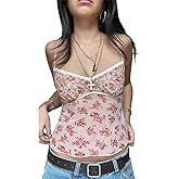 Women Floral Print Cami Top Y2k Lace Trim Sheer V Neck Spaghetti Strap Camisole Summer Sleeveless Crop Tank Top