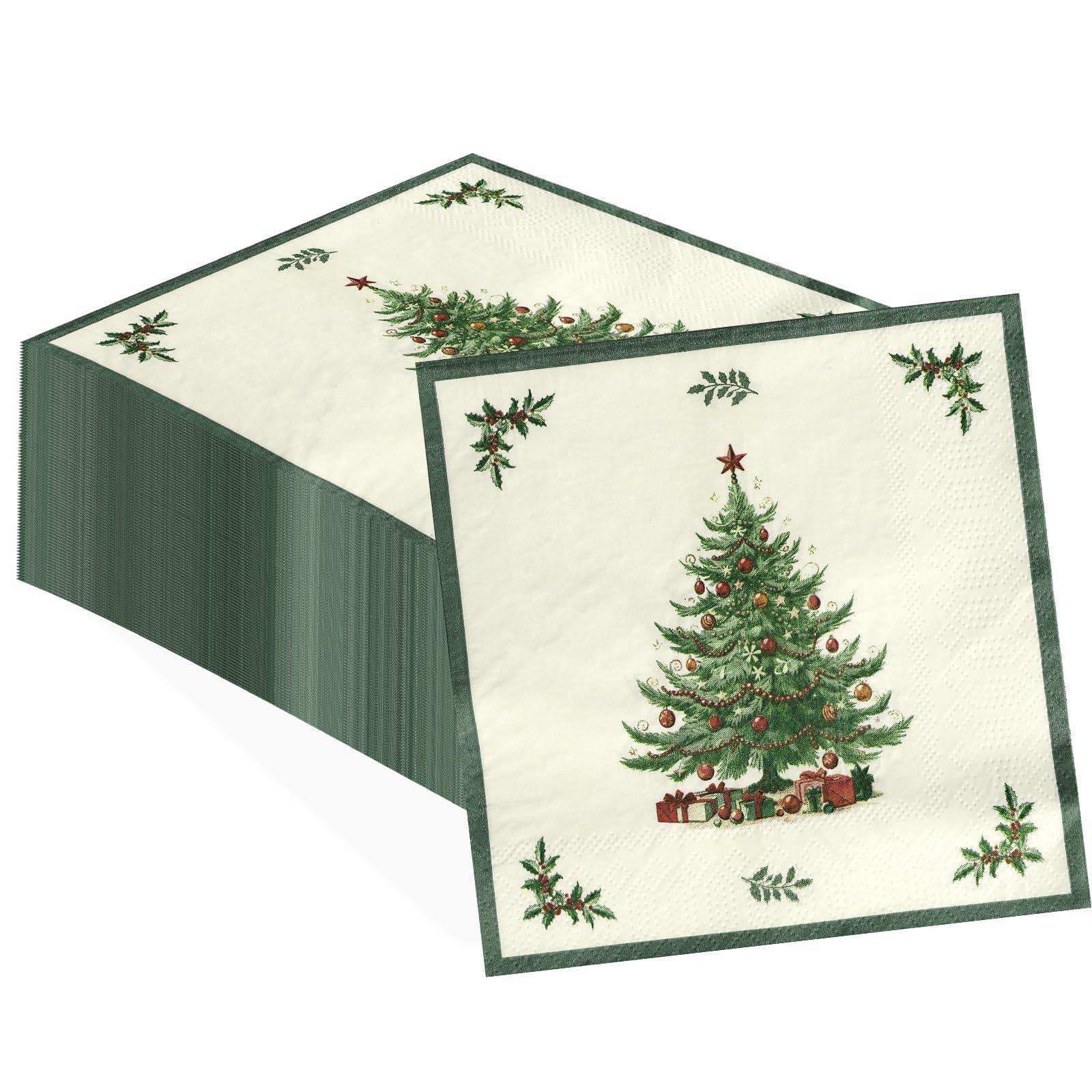 Photo 1 of 100 Pcs Christmas Paper Cocktail Napkins 2 Ply Christmas Tree Green Border Disposable Absorbent Hand Towels Vintage Xmas Tree Guest Napkins for Xmas Winter Holiday Dinner Kitchen Supplies Decorations