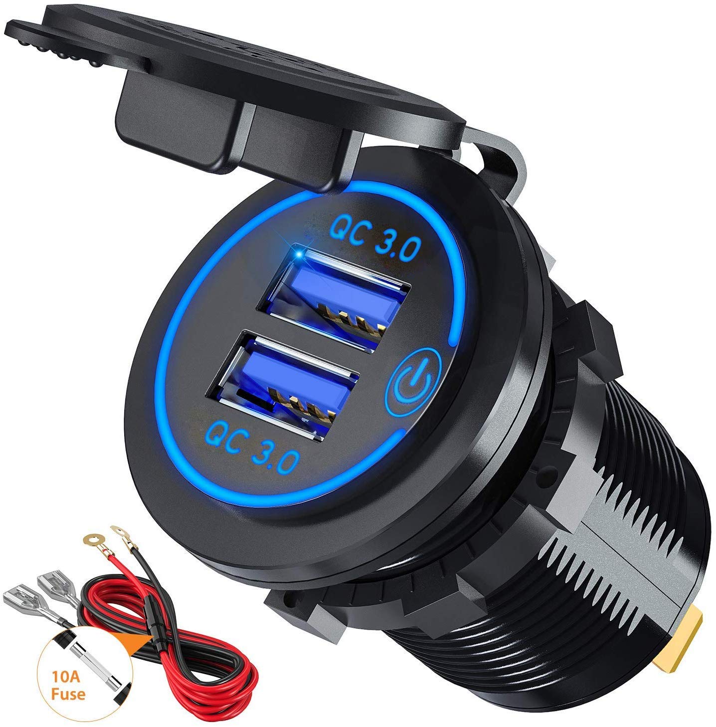 Car Charger Socket 12V/24V 36W Dual QC3.0 USB Fast Charger Socket Power Outlet with Touch Switch for Marine, Boat, Motorcycle, Truck, Golf Cart (Blue)